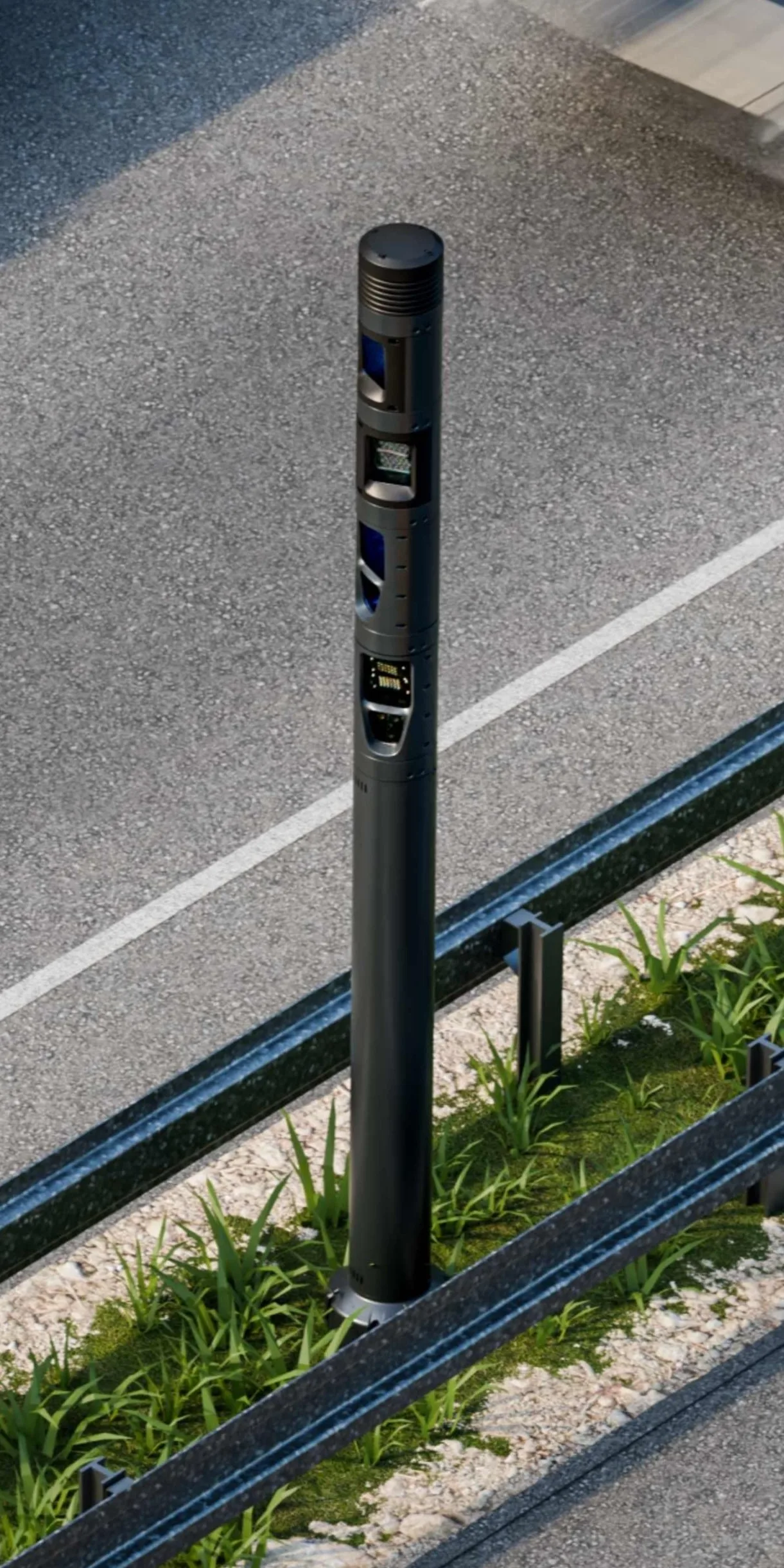 Ekin Spotter modular smart city pole installed on a roadside verge beside a highway